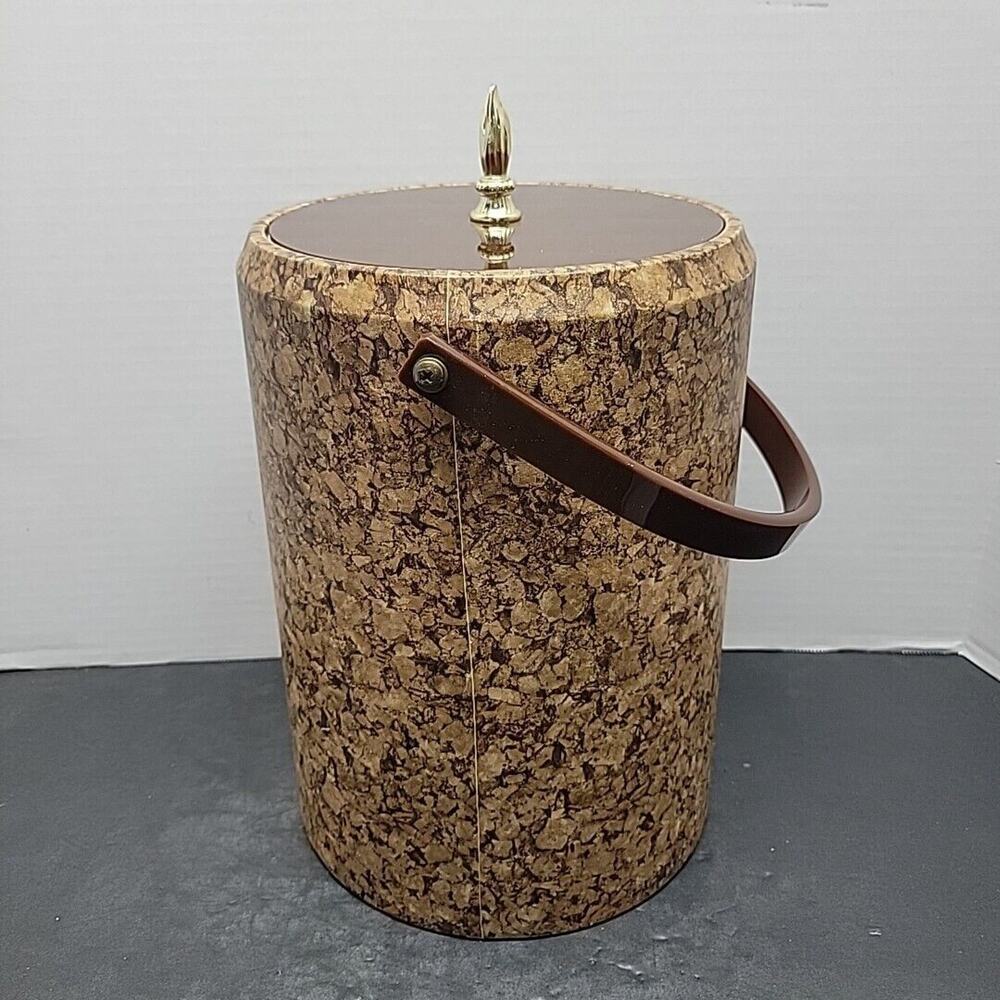Vintage Morgan Ice Bucket W/Vinyl Cork Wood Marble Pat & Lid 13" Tall Mcm
